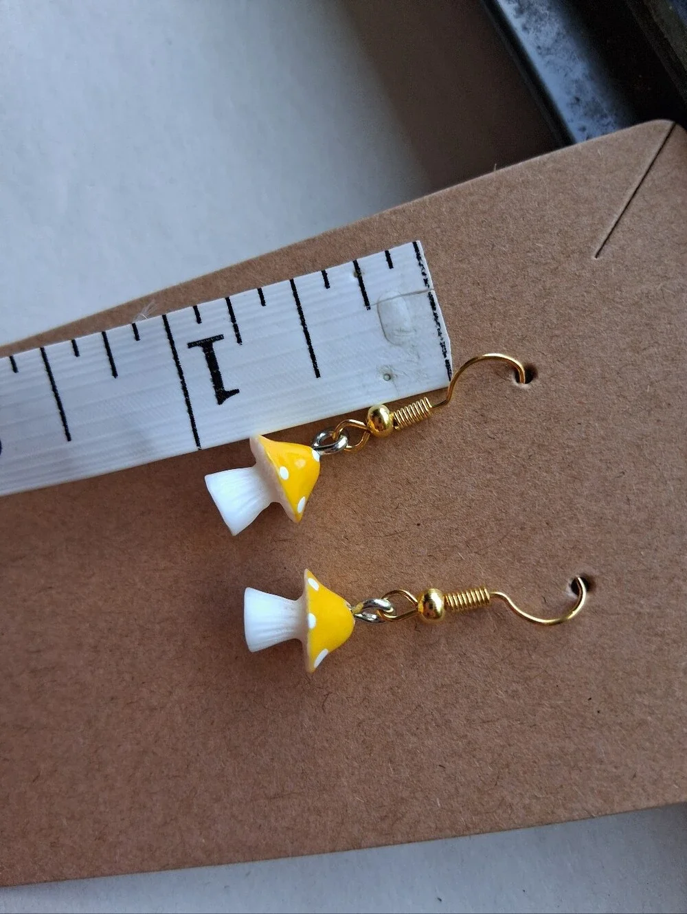 Hand Crafted Yellow & White Mushroom Drop Earrings with Gold Hooks